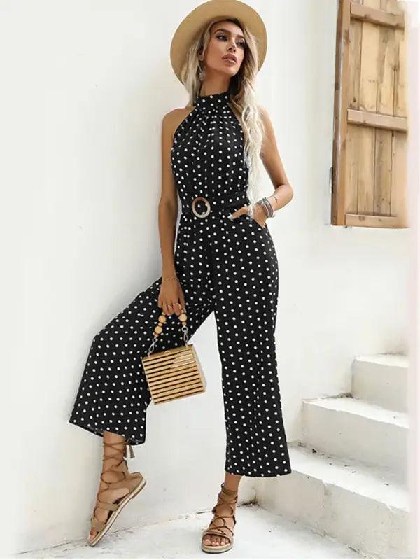 Chic Polka Dot Halter Wide-Leg Romper - Trendy Mix