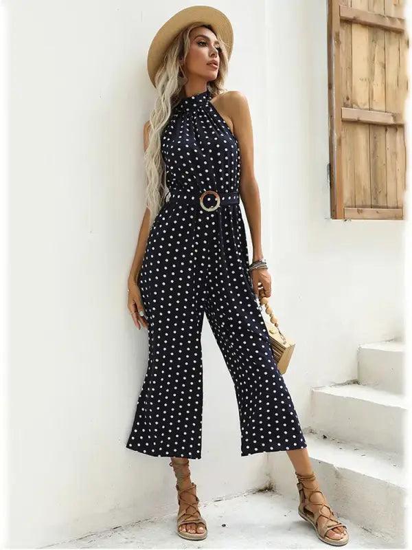 Chic Polka Dot Halter Wide-Leg Romper - Trendy Mix