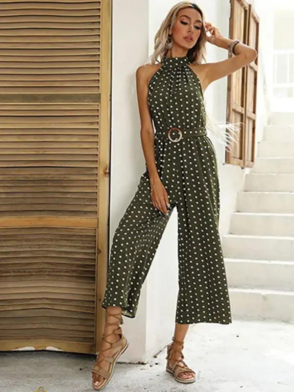 Chic Polka Dot Halter Wide-Leg Romper - Trendy Mix