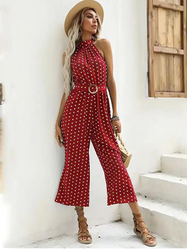 Chic Polka Dot Halter Wide-Leg Romper - Trendy Mix