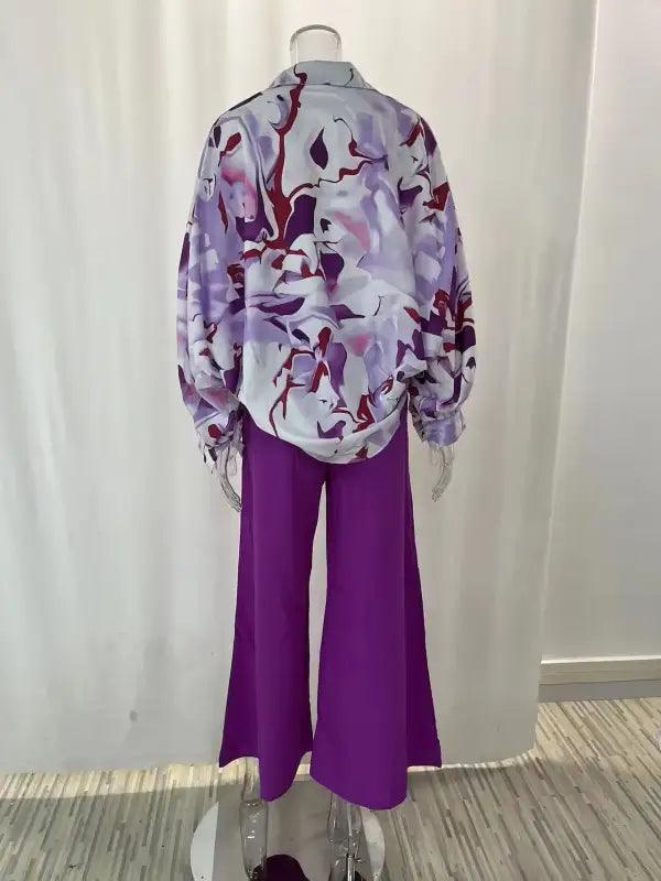 Elegant Print Shirt And Wide Leg Pants Set - Trendy Mix