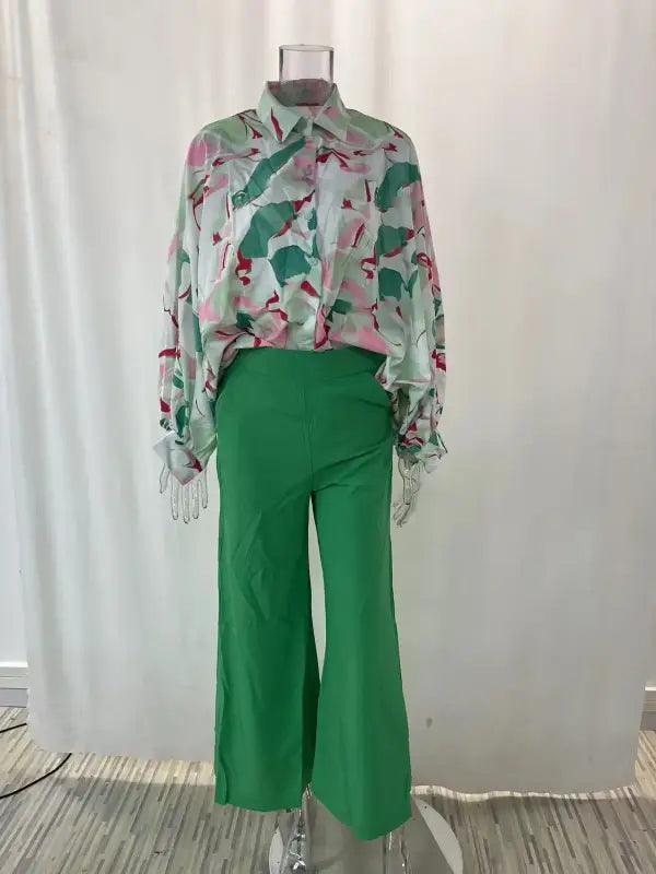 Elegant Print Shirt And Wide Leg Pants Set - Trendy Mix