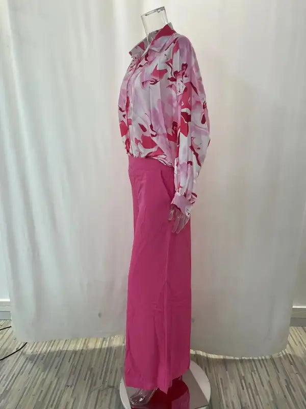 Elegant Print Shirt And Wide Leg Pants Set - Trendy Mix