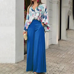 Elegant Print Shirt And Wide Leg Pants Set - Trendy Mix