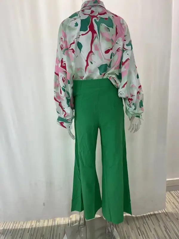 Elegant Print Shirt And Wide Leg Pants Set - Trendy Mix