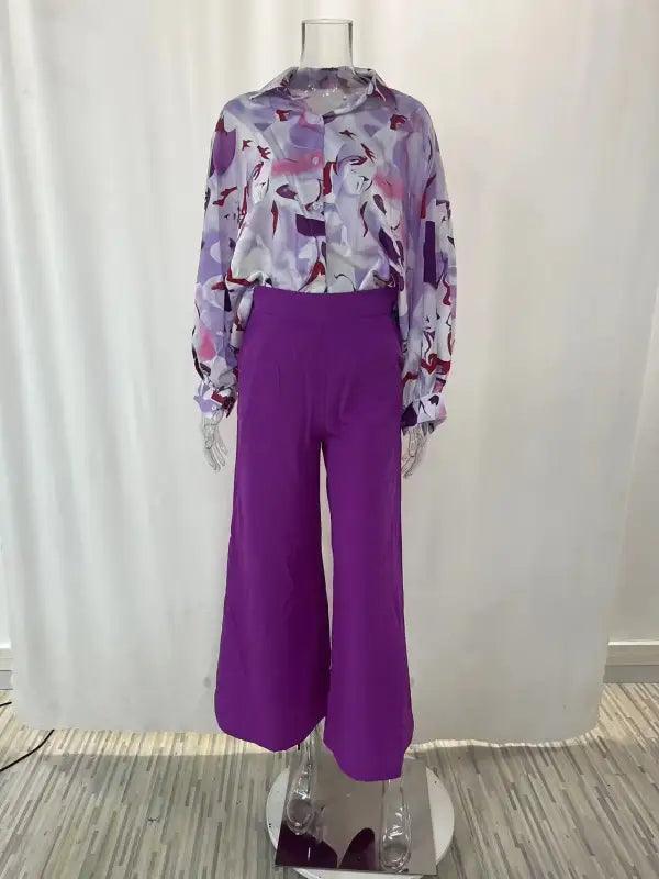 Elegant Print Shirt And Wide Leg Pants Set - Trendy Mix