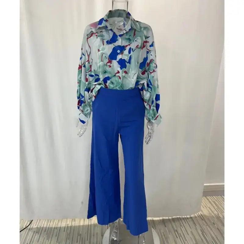 Elegant Print Shirt And Wide Leg Pants Set - Trendy Mix