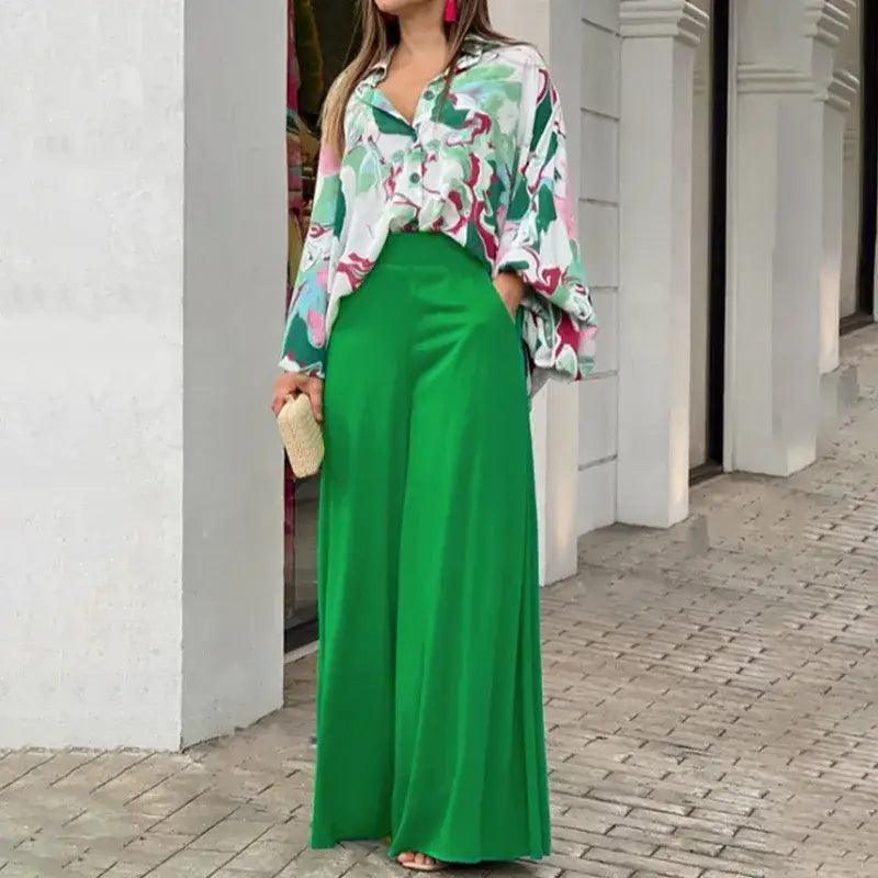 Elegant Print Shirt And Wide Leg Pants Set - Trendy Mix