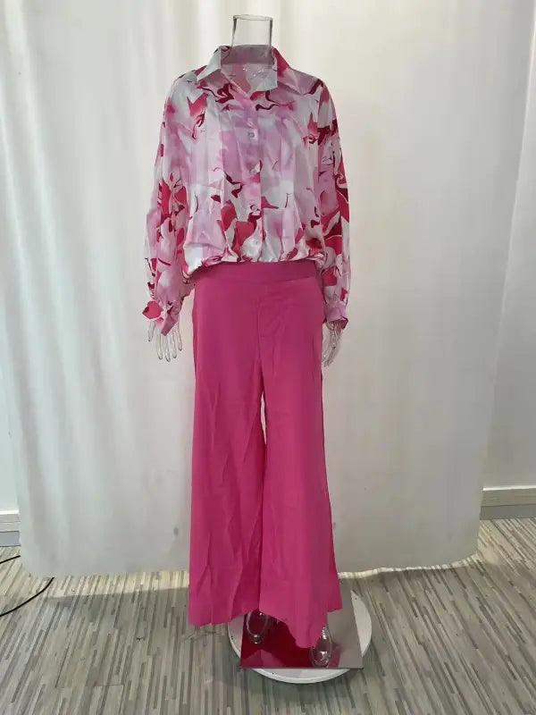 Elegant Print Shirt And Wide Leg Pants Set - Trendy Mix