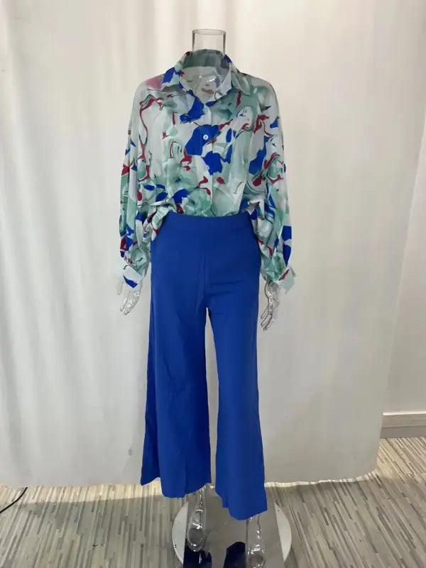 Elegant Print Shirt And Wide Leg Pants Set - Trendy Mix