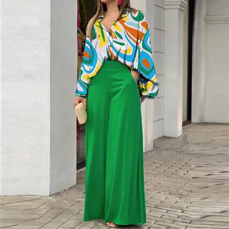 Elegant Print Shirt And Wide Leg Pants Set - Trendy Mix