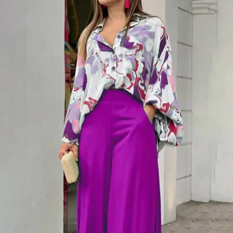 Elegant Print Shirt And Wide Leg Pants Set - Trendy Mix