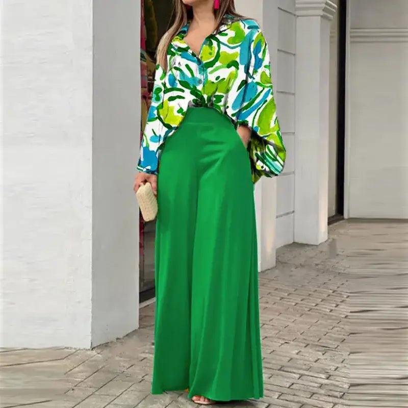 Elegant Print Shirt And Wide Leg Pants Set - Trendy Mix