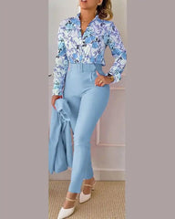 Elegant V-neck Floral Pants Set - Trendy Mix