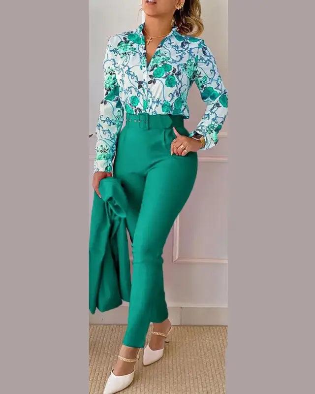 Elegant V-neck Floral Pants Set - Trendy Mix