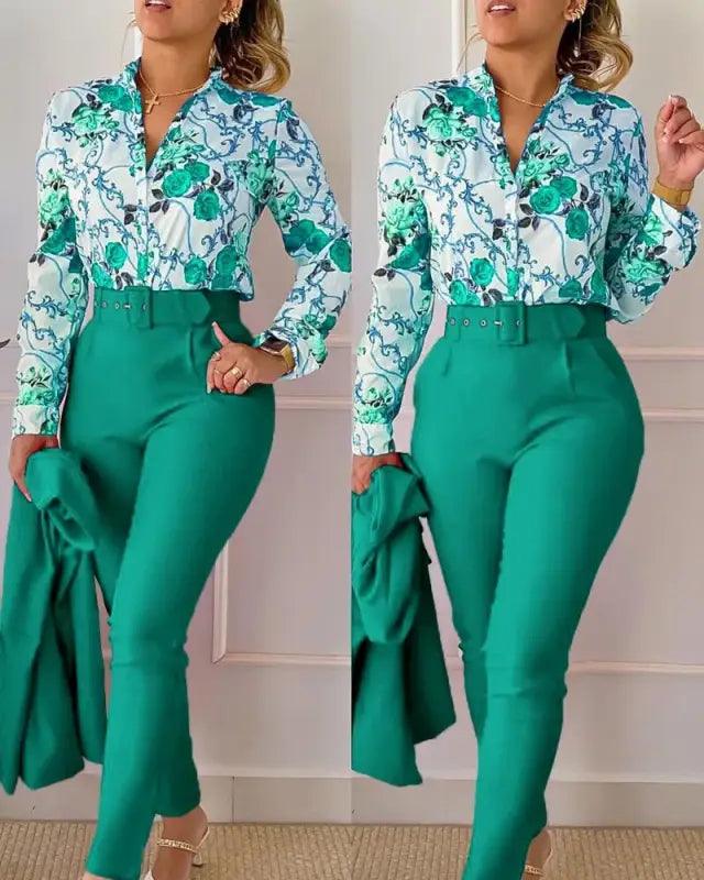 Elegant V-neck Floral Pants Set - Trendy Mix