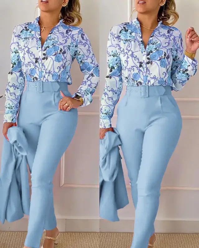 Elegant V-neck Floral Pants Set - Trendy Mix