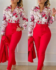 Elegant V-neck Floral Pants Set - Trendy Mix