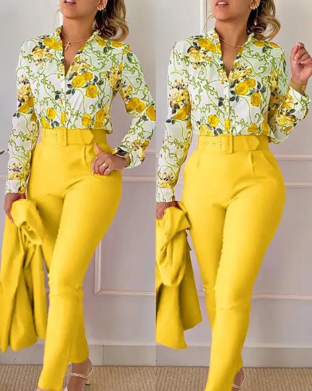 Elegant V-neck Floral Pants Set - Trendy Mix