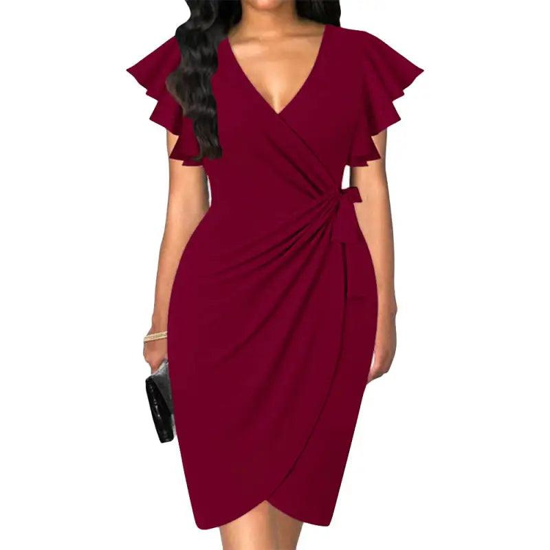 Elegant V-neck Pleated Bell Sleeve Dress - Trendy Mix