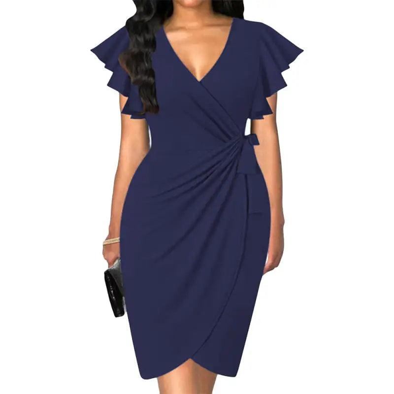 Elegant V-neck Pleated Bell Sleeve Dress - Trendy Mix