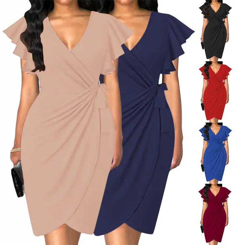 Elegant V-neck Pleated Bell Sleeve Dress - Trendy Mix