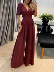 Chic V-Neck Wide Leg Jumpsuit for Women - Trendy Mix