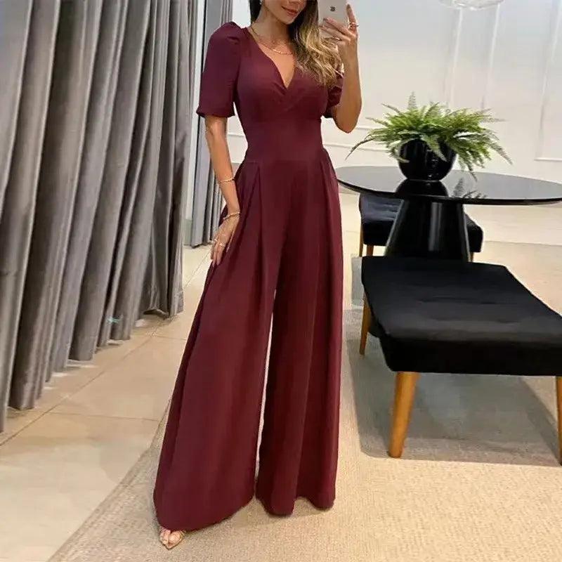 Chic V-Neck Wide Leg Jumpsuit for Women - Trendy Mix