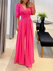 Chic V-Neck Wide Leg Jumpsuit for Women - Trendy Mix