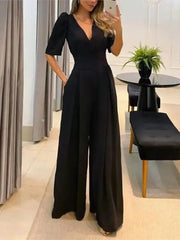 Chic V-Neck Wide Leg Jumpsuit for Women - Trendy Mix