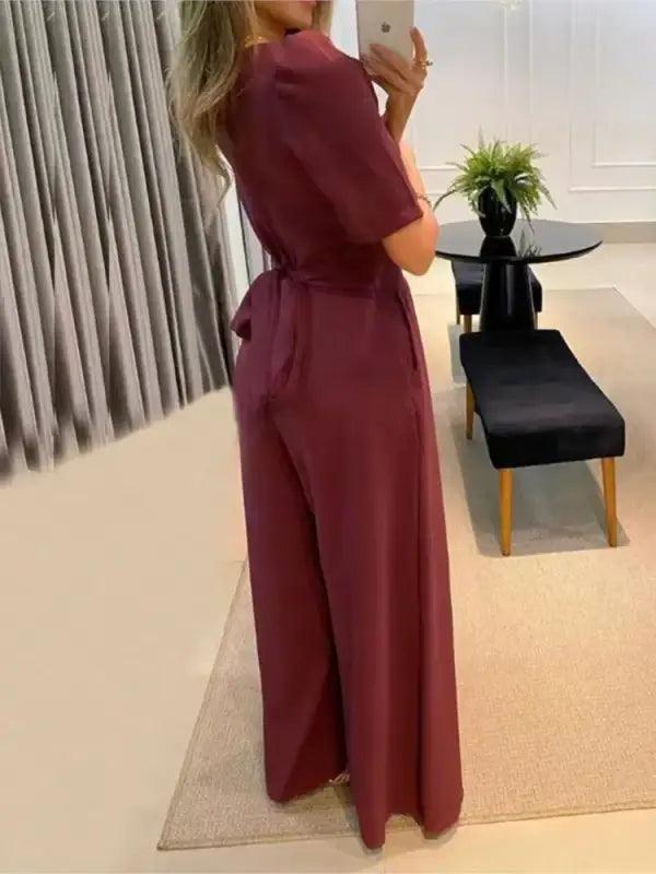 Chic V-Neck Wide Leg Jumpsuit for Women - Trendy Mix