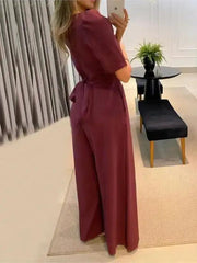 Chic V-Neck Wide Leg Jumpsuit for Women - Trendy Mix