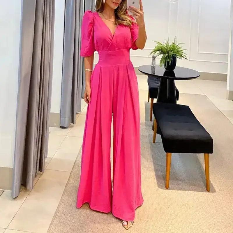 Chic V-Neck Wide Leg Jumpsuit for Women - Trendy Mix