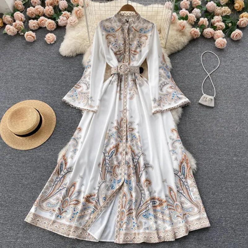 European And American Style Retro Printed Bell Sleeve Dress - Trendy Mix