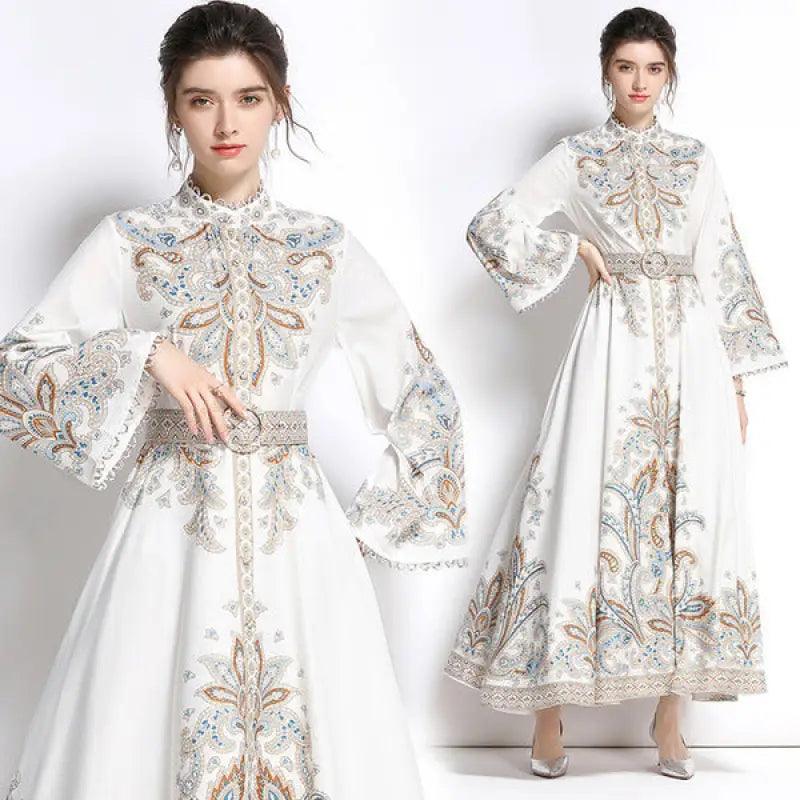 European And American Style Retro Printed Bell Sleeve Dress - Trendy Mix