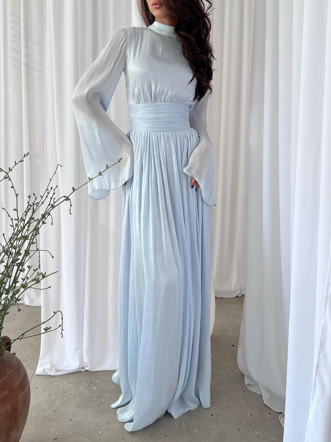 Solid Color Long Sleeve Silk Organ Maxi Dress - Trendy Mix