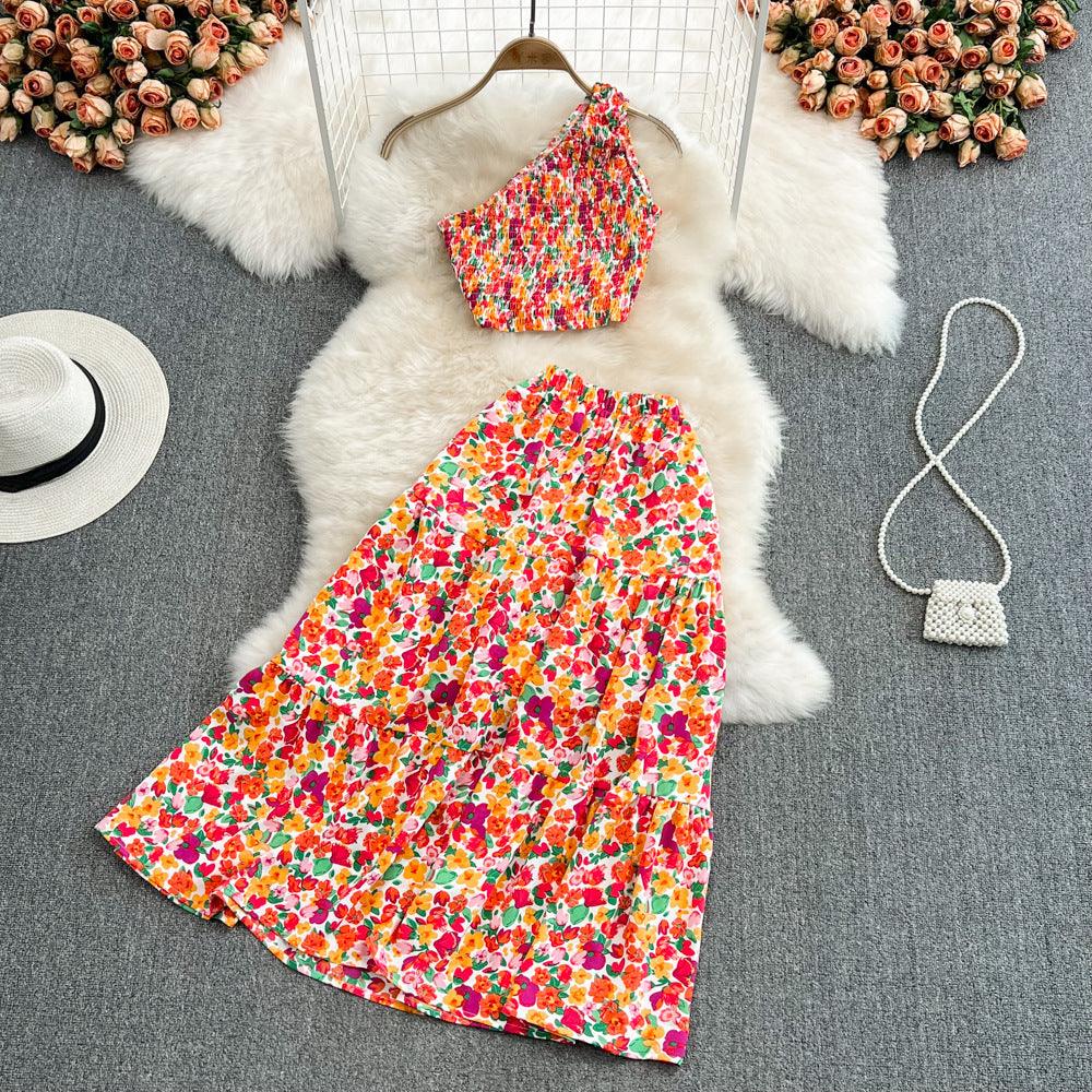 Seaside Women's Slanted Shoulder Vest Skirt High Waist Suit Floral - Trendy Mix