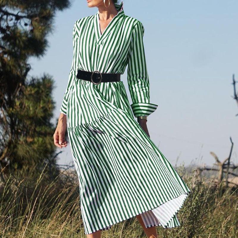 Women's Long-sleeved V-neck Midi Striped Dress - Trendy Mix