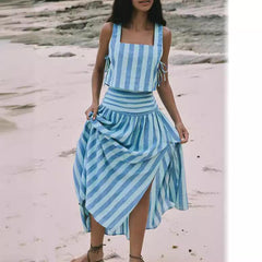 Blue Striped Retro Elegant Slimming Style Large Swing Skirt - Trendy Mix