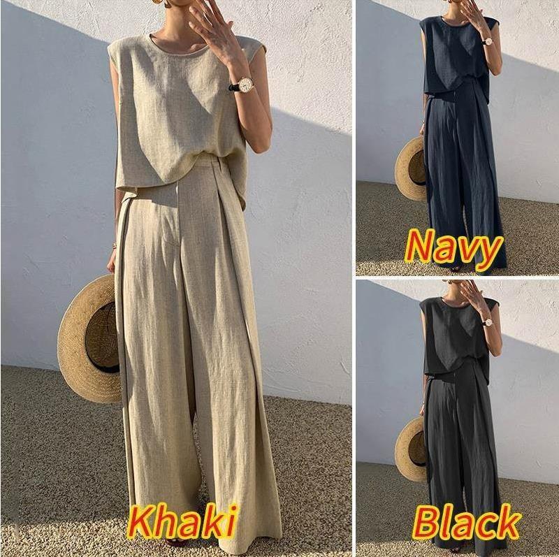 Cotton And Linen Casual Sleeveless Top Wide Leg Pants Two-piece Set - Trendy Mix