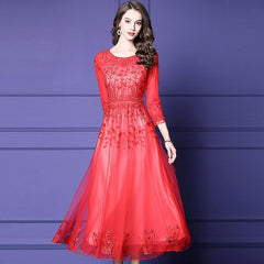 Women's Temperament Mesh Embroidery Beaded Long Dress - Trendy Mix