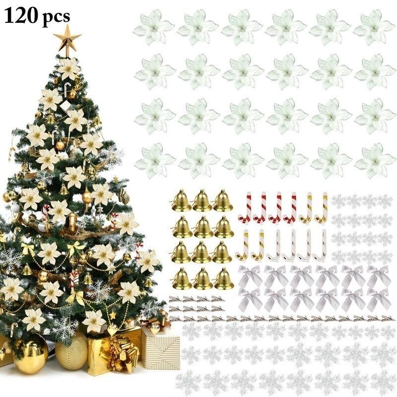 Festive 120-Piece Christmas Floral Decoration Set with Simulated Flowers and Ornaments - Trendy Mix