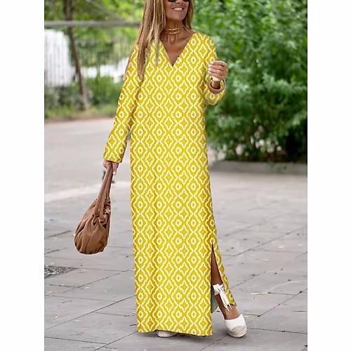 Summer Geometric V-Neck Long Dress - Trendy Mix