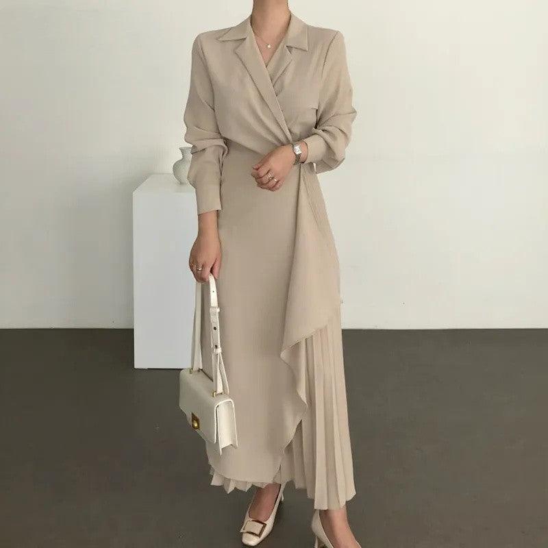 Chic Retro Long-Sleeve Solid Color Midi Dress with Adjustable Waist - Trendy Mix