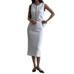 Women's Round-neck Striped Single-breasted Vest Top High Waist A- Line Skirt Suit - Trendy Mix