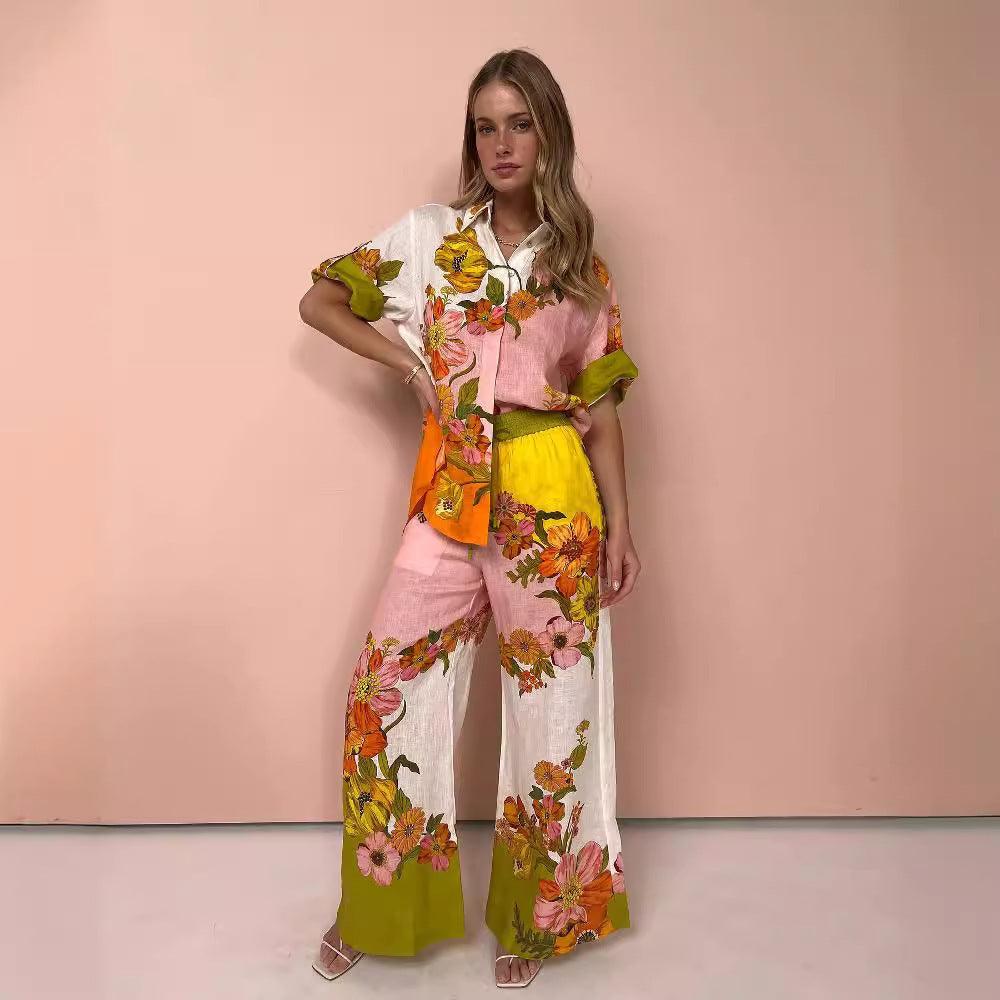 Printed Cotton And Linen Two-piece Suit Outfit Top Wide-leg Pants - Trendy Mix