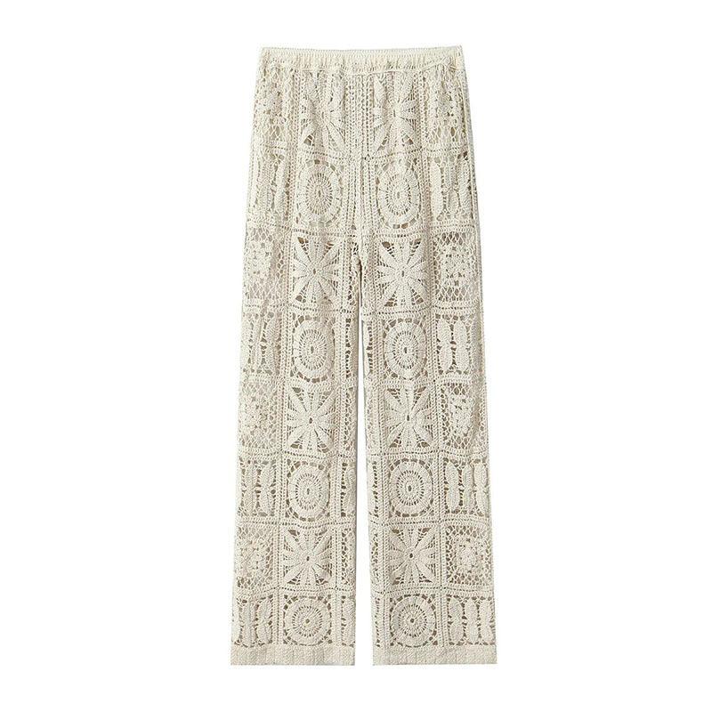 Women's Fashion Three-dimensional Hollow-out Crocheted V-neck Knitted Cardigan Wide-leg Lace Pants - Trendy Mix