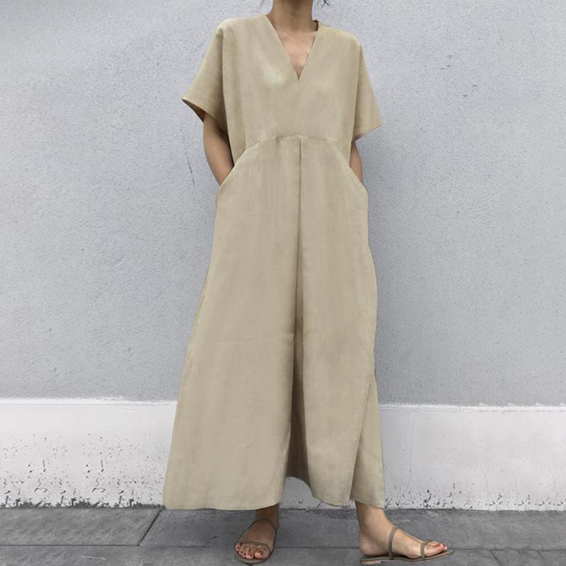 Solid Color And V-neck Big Pocket Dress Short Sleeve Cotton And Linen - Trendy Mix