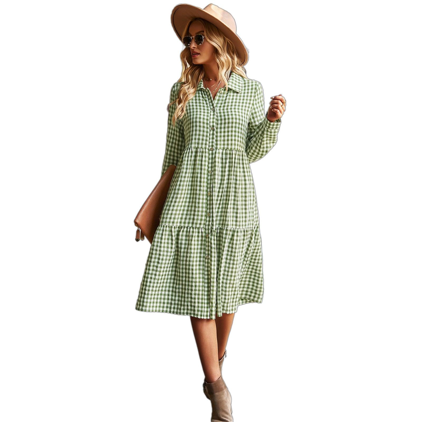 Wide Hem Long Sleeve Dress Plaid Casual Dress - Trendy Mix