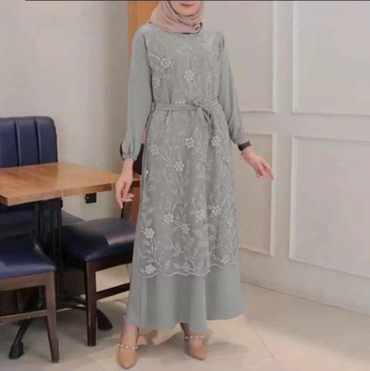 Lace Floral Retro Round Neck outfit for Muslim Women - Trendy Mix